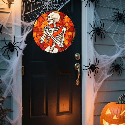 Stained Glass Window Hanging - Halloween Decorations Fear Skeleton Suncatcher for Doors Garden Indoor Spooky Funny Sun Catchers Gothic Decor Horror Gifts for Women Men Friend 7.8 in