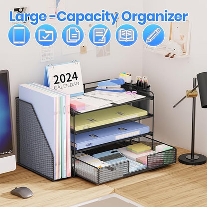 OPNICE Desk Organizer, 4-Tier Desktop File Organizer with Drawer and 2 Pen Holders, Office Desk Accessories, File Sorters, Workspace Organizers for Office Supplies(Black-2pack)