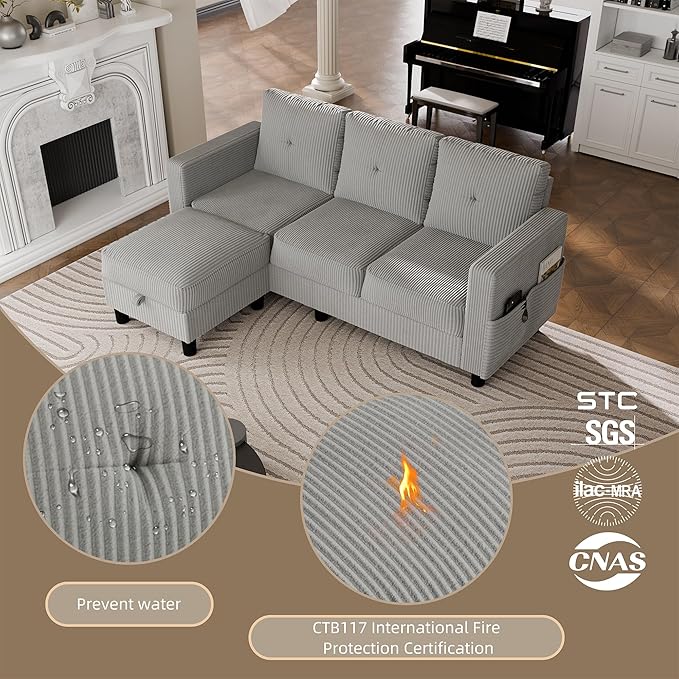JAMFLY Convertible Sectional Couches for Living Room, L-Shaped Couch 3 Seat Sectional Sofa Set with Corduroy Fabric and Movable Ottoman Small Couch for Apartments, Office(Light Grey)