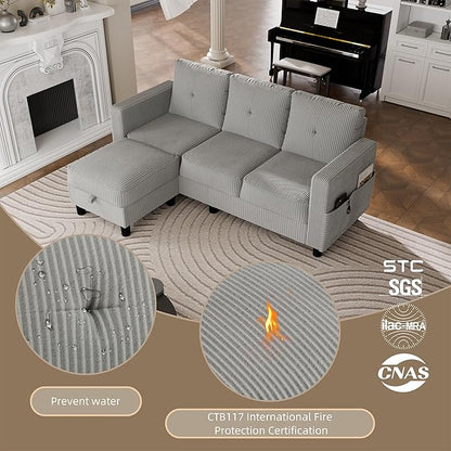 JAMFLY Convertible Sectional Couches for Living Room, L-Shaped Couch 3 Seat Sectional Sofa Set with Corduroy Fabric and Movable Ottoman Small Couch for Apartments, Office(Light Grey)
