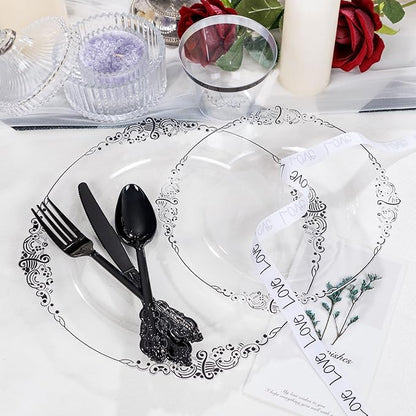 Hioasis 350pcs Clear Black Plastic Plates - Elegant Disposable Dinnerware Set Suitable for 50 Guests Include 10.25" Dinner & 7.5" Dessert Plates, Pre Rolled Silverware Set, Cups for Party & Wedding