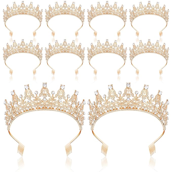 10 Pieces Crown Tiara for Women Crystal Headband with Comb Princess Rhinestone Queen Crown Bridal Hair Accessories Jewelry for Women Prom Birthday Party Wedding Gifts(Gold)