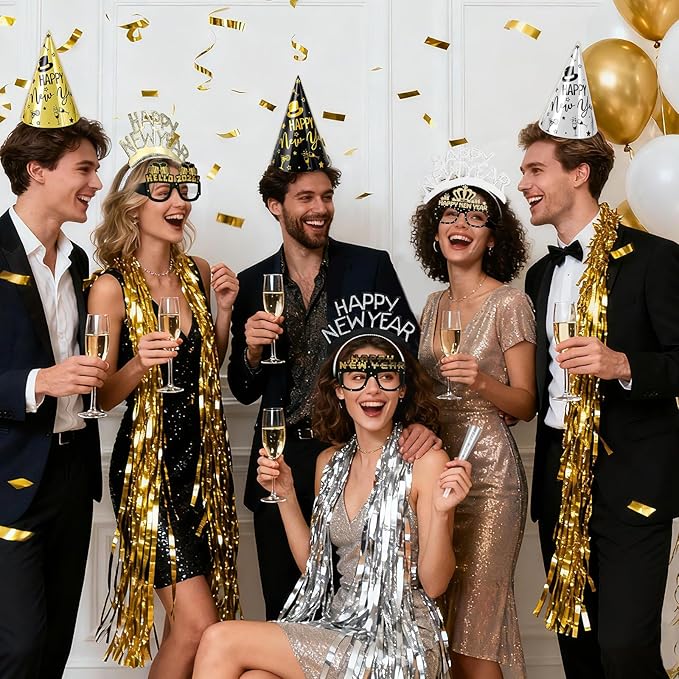 96 Pcs New Year's Eve Party Supplies for 24 Guests, 2026 Happy New Years Decoration with Silver Gold Black Top Hats, Cone Hats, Glitter Tiaras, Beaded Necklace, Squawkers, Noise Makers for Party Decor