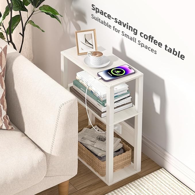 3 Tier Small Narrow Bamboo Side Table Set of 2 with Charging Station - Skinny Nightstand for Small Spaces, Slim Bedside Table with USB Ports and Outlets - Thin End Table with Storage, Grey White