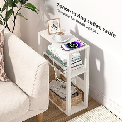 3 Tier Small Narrow Bamboo Side Table Set of 2 with Charging Station - Skinny Nightstand for Small Spaces, Slim Bedside Table with USB Ports and Outlets - Thin End Table with Storage, Grey White