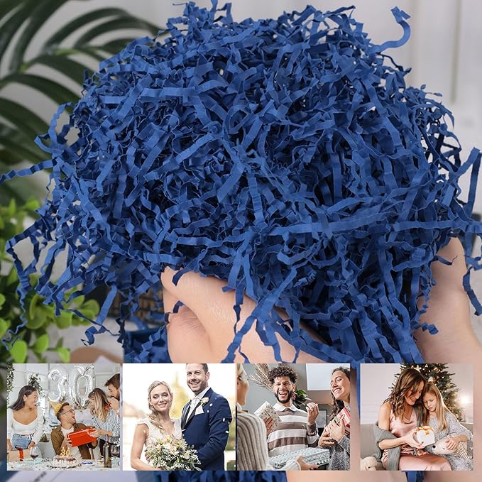 VGOODALL 2LB Blue Crinkle Paper Filler, Shredded Confetti Paper for Gift Basket Filling Graduation Birthday Party Baby Shower Box Wrapping Stuffing Supplies