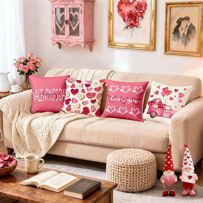 Valentines Day Decorations-Valentine Pillow Covers 18x18 Set of 4, Pink Hearts Love You Happy Valentine's Day Throw Outdoor Pillow Covers Anniversary Wedding Cushion Case for Home Sofa Couch Décor