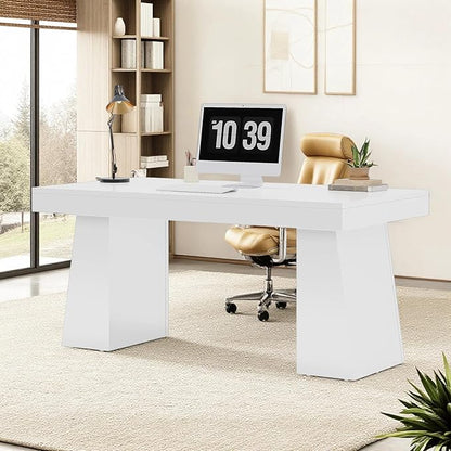 Tribesigns 55-Inch Executive Desk, Large Wood Office Computer Desk with Double Pedestal, Modern Minimalist Workstations Writing Table Conference Table Furniture for Home Office, White