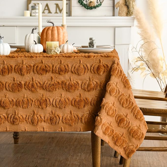 Horaldaily Fall Tablecloth 60x120 Inch Rectangular, Caramel Soft Plush Faux Fur Pumpkin Table Cover, Thanksgiving Autumn Harvest Dining Table Decoration for Home Party Dinner