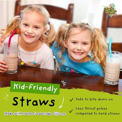 Wide Premium Reusable Silicone Drinking Straws + Patented Straw Squeegee - 9” Long With Curved Bend for 20 30 32 oz Tumblers Non Rubber, Flexible, Safe for Kids/Toddlers, Smoothie