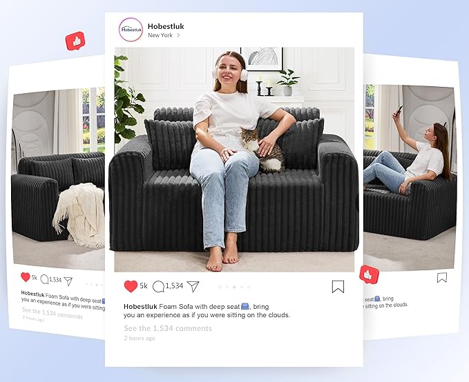 Hobestluk Couch Sofa 2-Seater Foam Sofa Loveseat for Small Spaces Comfy Sofas with Removable Cover Furry Couch with Pillows for Living Room, Bedroom, Apartment, Office (Black, Loveseat)
