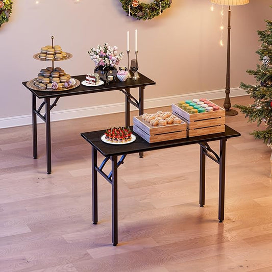 TEMI Small Computer Desk Folding Table - No Assembly, Compact 44.3" Foldable Desk with Power Outlets & USB Charging Port, Portable Small Office Desk, Ideal Mini Study Table, Dark Oak