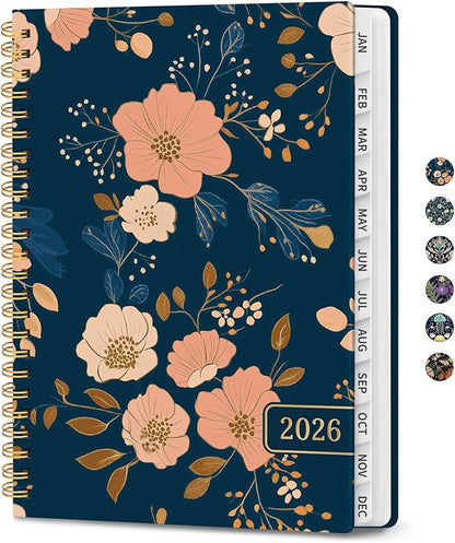 2026 Planner, Weekly and Monthly Planner for Women, Jan 2026 - Dec 2026 Pretty 2026 Calendar Planner with Monthly Tabs, Inner Pocket, Spiral Binding, Perfect for Office Home School - 6.3" x 8.5", Evening Floral