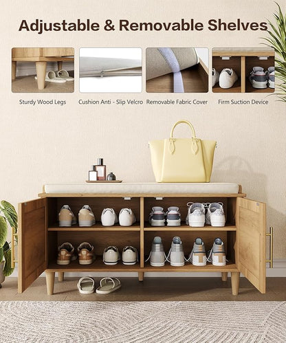 Rattan Shoe Storage Bench with Cushion, 2-Tier Entryway Bench with Adjustable Shelves and 2 Doors, 15" D x 31.5" W x 20" H, Solid Wood Legs, for Hallway, Living Room, Bedroom, Natural Oak