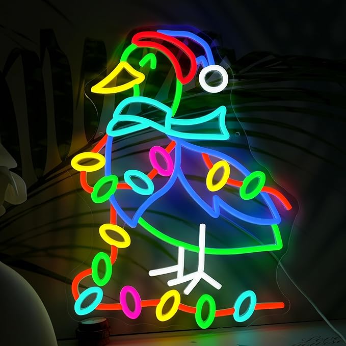 LISIGNVE Christmas Duck Neon Sign Dimmable USB Powered Funny Novelty Duck Wearing Santa Hat Led Neon Light for Christmas Holiday Home Coffee Bar Wall Decor (16.5 * 12.6 In)