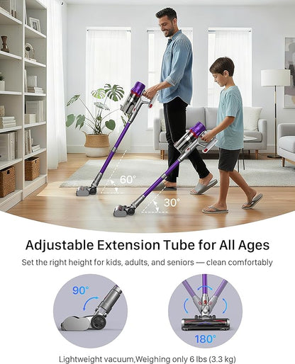 Cordless Vacuum Cleaner for Home - Powerful Stick Vacuum with HEPA Filter, 55-Min Runtime, LED Light, Anti-Tangle Brush, Detachable Battery,Lightweight Vacuum for Pet Hair,Carpets & Hard Floors