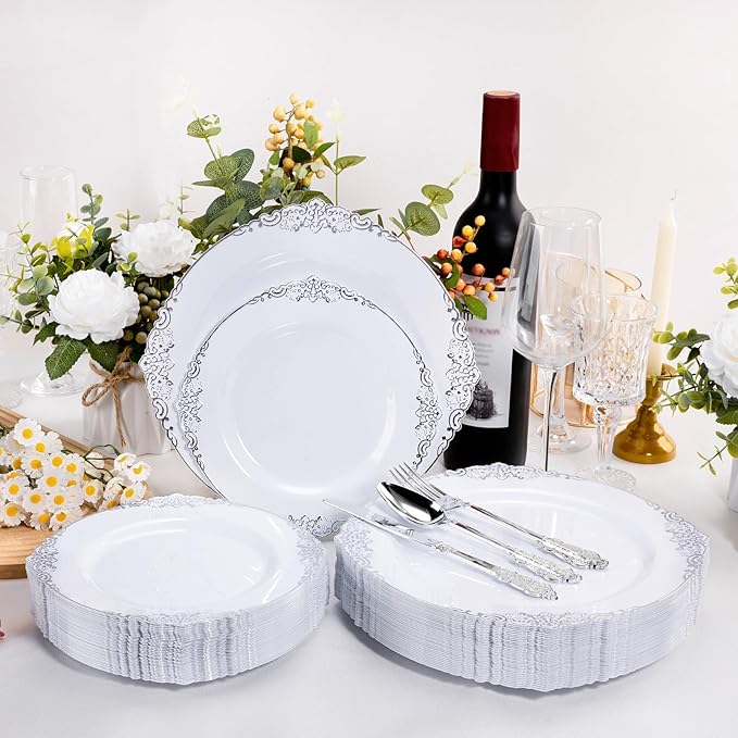 100 PCS White and Silver Plastic Plates for 50 Guests, Rose Gold Disposable Plates Include 50 PCS Dinner Plates, 50 PCS Dessert Plates for Party, Wedding and Baby Shower