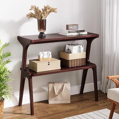 Tribesigns Solid Wood Side Table, 2-Tier Narrow Tall End Table with Storage Shelves, Slim Side Table for Couch, Long Bedside Table for Bedroom, Living Room, Burgundy
