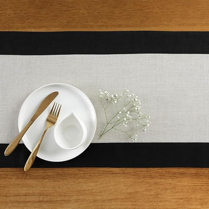 Solino Home Linen Table Runner 72 Inches Long - 100% Pure Linen Black and Natural Table Runner 14 x 72 Inch for Fall, Autumn, Winter - Contempo