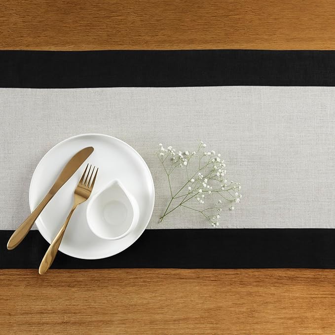 Solino Home Linen Table Runner 48 Inches - 100% Pure Linen Black and Natural Short Table Runner 14 x 48 Inch Ideal for Dresser and Coffee Tables - Contempo - Winter