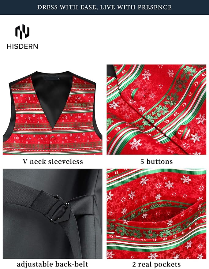 HISDERN Men's Suit Vest Christmas Holiday Season Party Jacquard Waistcoats Necktie Pocket Square Vest Suit Set