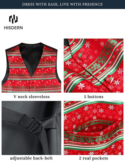 HISDERN Men's Suit Vest Christmas Holiday Season Party Jacquard Waistcoats Necktie Pocket Square Vest Suit Set