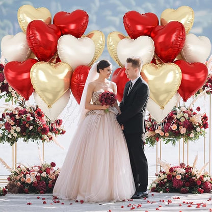 Red Gold Heart Balloons Foil, 12Pcs 18 Inch Metallic Red Gold Cream Beige Heart Shape Foil Balloon for Girls Women Birthdays Wedding Baby Shower Valentines Mother's Day Xmas Christmas Party Decor