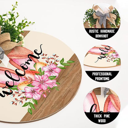 Harooni Easter Decorative Sign, 12x12in Wooden Welcome Door Sign with Bow, Easter Welcome Color, Perfect for Easter Occasion