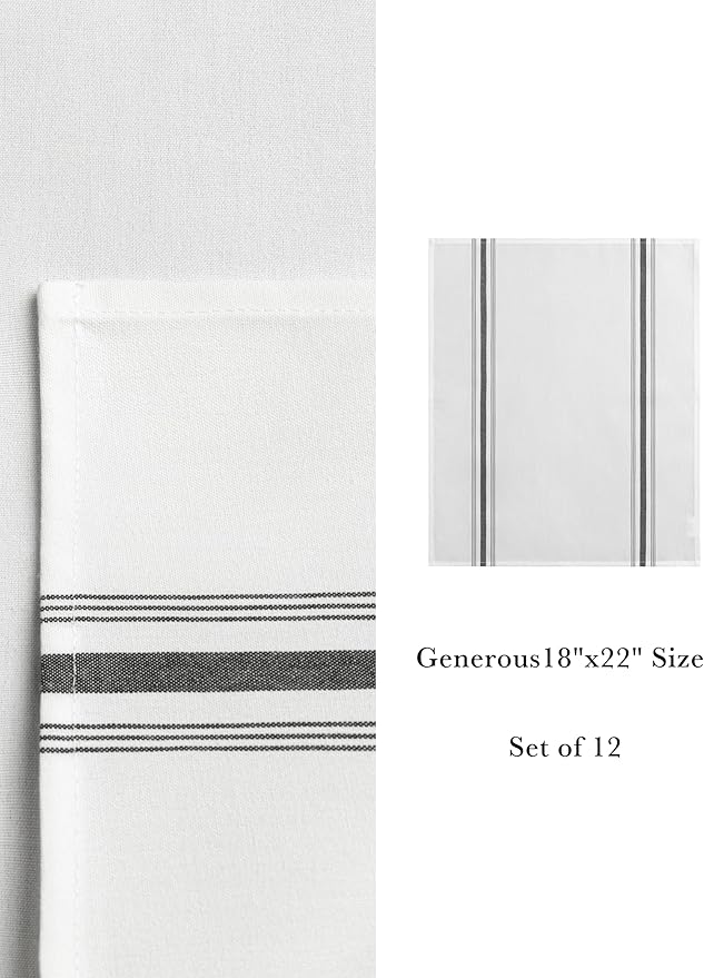 100% Polyester Napkin 18"x22", Dual-Stripe Border – Durable Decorative Napkins for Restaurants & Events, Black, Set of 12