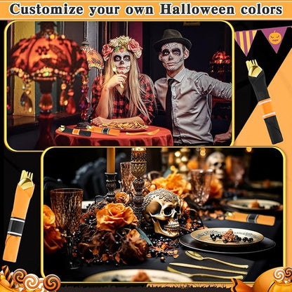 Lasnten 50 Pcs Pre-rolled Halloween Plastic Silverware Set Gold Disposable Plastic Cutlery Set with 50 Orange Black Napkins, 50 Knives, 50 Forks and 50 Spoons for Halloween Parties