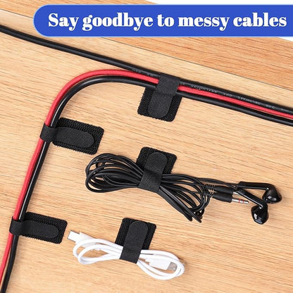 100 Pcs Hook and Loop Cable Ties, Self Adhesive Cable Management Desktop Cable Straps, Adjustable Cord Organizer for Desk Home Office Organization (Black)