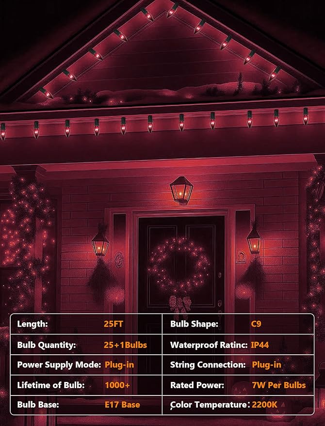 25Ft Halloween Dark Purple String Lights, C9 Black Purple String Lights with 25 Edison Bulbs, Outdoor Connectable Hanging Lights for Patio Halloween Roofline Holiday Decor, 5W, Black Wire