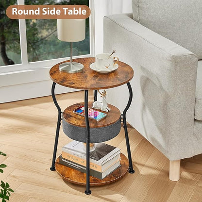 Small Round Side Table with Storage Bag, 3-Tier Accent Round End Table with Storage Shelves for Living Room, 21.6" H Vintage Small Corner Table for Smalls Spaces (D - 15.8 in Rustic Brown)