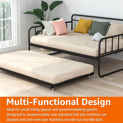 Amazon Basics Full Size Daybed and Twin Size Trundle Bed Frame Set, Space Saving Steel Slat Support, Sturdy Metal Design, Easy Assembly, Black