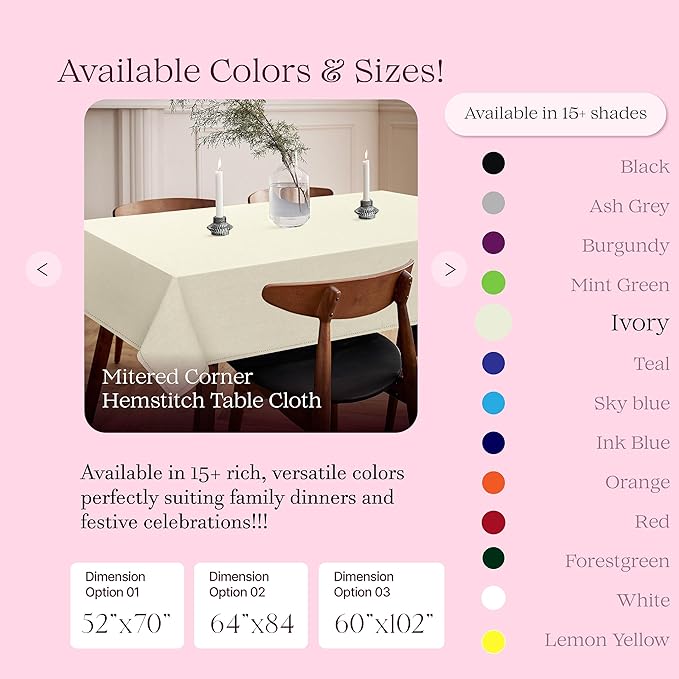 Ivory Cotton Tablecloth, Table Cover 52x70 Inch, Fits 4-6 Seats, Durable, Washable, Wrinkle Resistant, Rectangle Table Cloth for Dining, Elegant Dinners, Weddings, Special Occasions