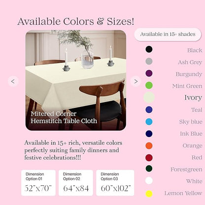 Ivory Cotton Tablecloth, Table Cover 52x70 Inch, Fits 4-6 Seats, Durable, Washable, Wrinkle Resistant, Rectangle Table Cloth for Dining, Elegant Dinners, Weddings, Special Occasions