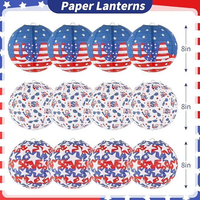 4th of July Decorations Red White and Blue Hanging Paper Lanterns for Patriotic Decorations American Independence Day Memorial Day Party Supplies Pack of 12