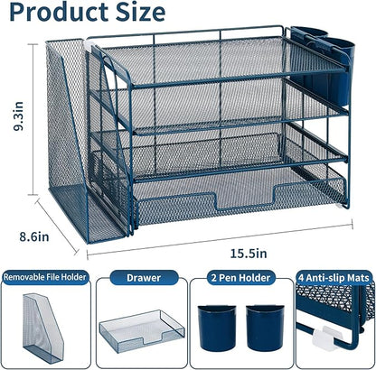 OPNICE Desk Organizer, 4-Tier Desktop File Organizer with Drawer and 2 Pen Holders, Office Desk Accessories, File Sorters, Workspace Organizers for Office Supplies(Dark Blue)