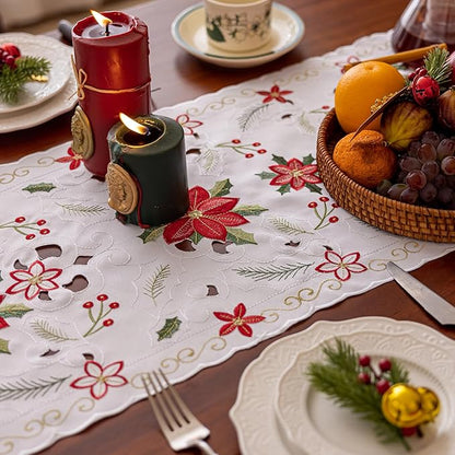 Joyfol Day Christmas Florals Table Runner 14 x 59 Inch, Embroidered Cutwork Poinsettia Holly Leaves Table Runners, Winter Holiday Flowers Tabletop for Xmas Party Decorations