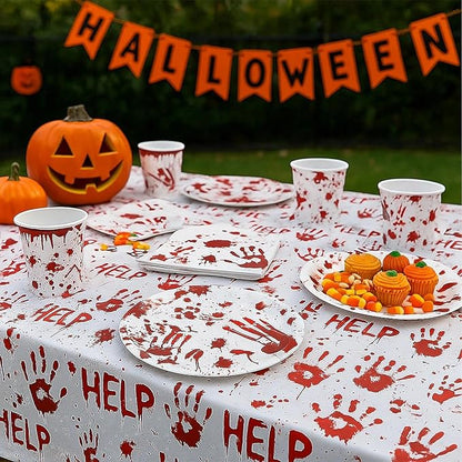 97PCS Scary Halloween Party Supplies Set Bloody Handprint Tableware Decorations Zombie Birthday Themed Party Haunted House Disposable Paper Plates,Cups and Tablecloth(24 Guest)