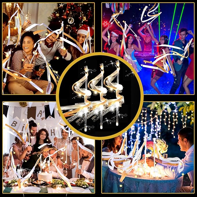 60PCS Light Up Wands,Wedding Wands Ribbon Streamers with 3 Colorful Flashing Modes,LED Silk Fairy Wands with Bells for Wedding Party Favors,Easter,July 4th,Birthday Decor(Champagne)