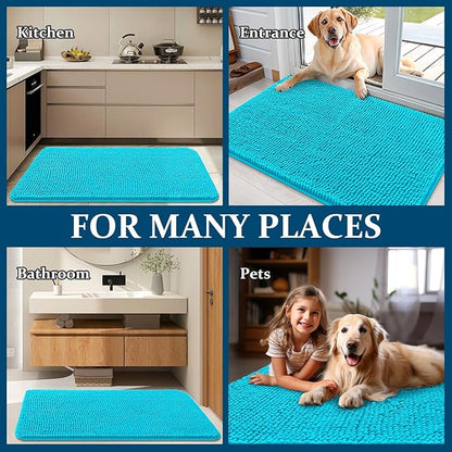 OLANLY Dog Door Mat for Muddy Paws 59x24, Absorbs Moisture and Dirt, Absorbent Non-Slip Washable Doormat, Quick Dry Chenille Mud Mat for Dogs, Entry Indoor Entryway Carpet for Inside Floor, Aqua Blue
