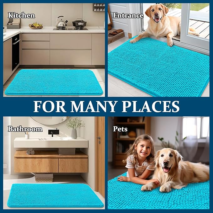 OLANLY Dog Door Mat for Muddy Paws 47x24, Absorbs Moisture and Dirt, Absorbent Non-Slip Washable Doormat, Quick Dry Chenille Mud Mat for Dogs, Entry Indoor Entryway Carpet for Inside Floor, Aqua Blue