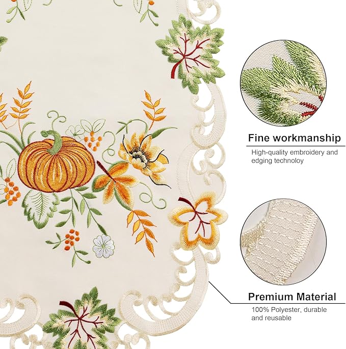 Joyfol Day Autumn Thanksgiving Table Runner 14 x 33 Inch, Cutwork Embroidered Pumpkin Maple Leaves Dresser Scarf, Seasonal Fall Table Runner for Kitchen Dining Harvest Party Decor