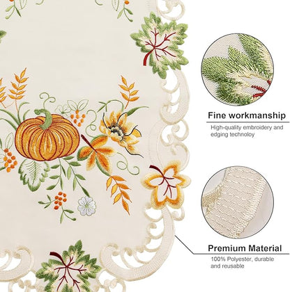 Joyfol Day Autumn Thanksgiving Table Runner 14 x 33 Inch, Cutwork Embroidered Pumpkin Maple Leaves Dresser Scarf, Seasonal Fall Table Runner for Kitchen Dining Harvest Party Decor