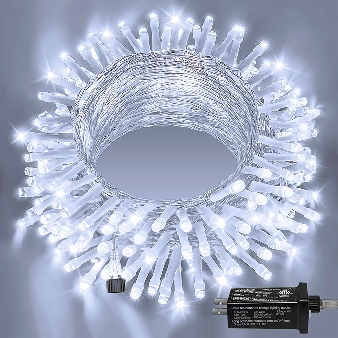 Ollny 120LED 40FT String Lights, Waterproof Connectable Christmas Lights with Timer 8 Modes, Cool White Plug in Fairy Light for Indoor Outdoor Bedroom Xmas Tree Holiday Party Decorations