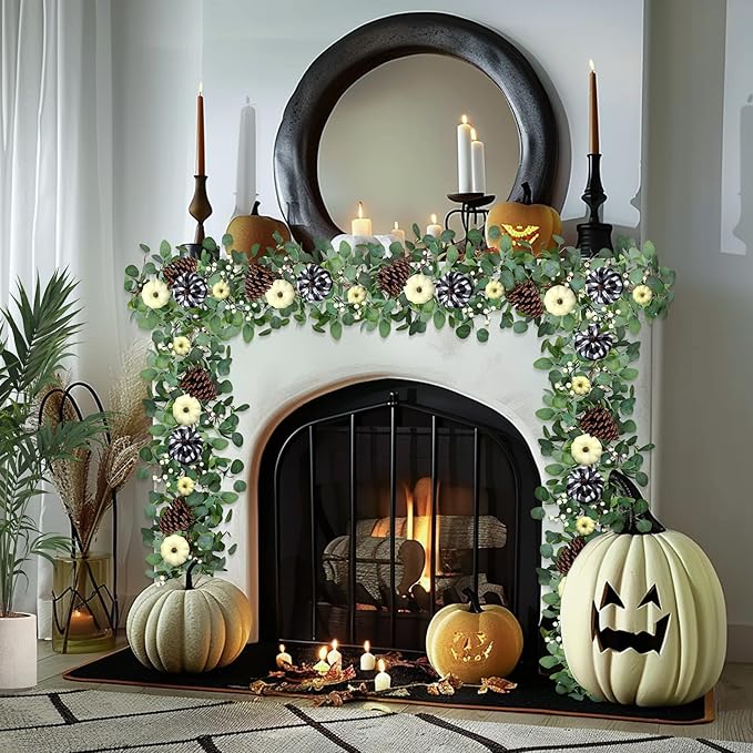 Fall Garland with Lights,Eucalyptus Garland with Berries Pumpkins Pinecone，Farmhouse Mantle Table Garlands for Thanksgiving Christmas Home Decor