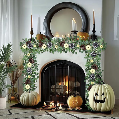 Fall Garland with Lights,Eucalyptus Garland with Berries Pumpkins Pinecone，Farmhouse Mantle Table Garlands for Thanksgiving Christmas Home Decor