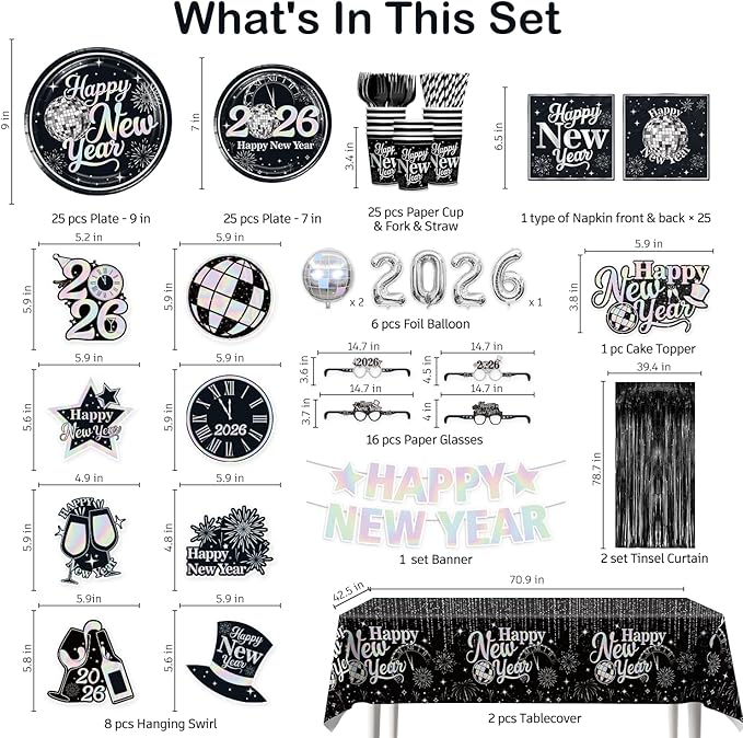 New Years Decorations 2026, New Years Eve Party Banner, Glasses, Foil Balloons, Black Fringe, Happy New Year Plates and Napkins, Silver and Black Nye Party Decorations New Year's Eve Party Supplies