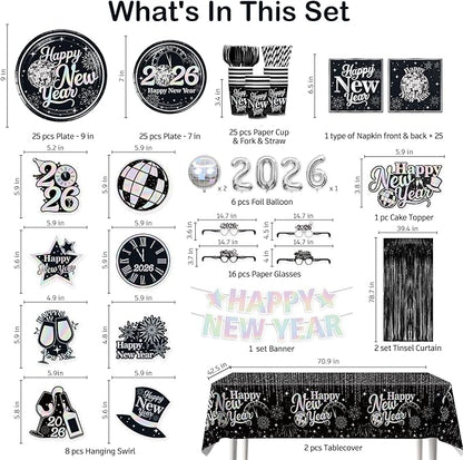 New Years Decorations 2026, New Years Eve Party Banner, Glasses, Foil Balloons, Black Fringe, Happy New Year Plates and Napkins, Silver and Black Nye Party Decorations New Year's Eve Party Supplies